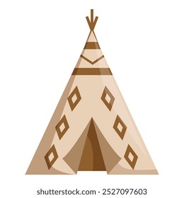 Illustration featuring a brown teepee with rhombus patterns, traditional dwelling of indigenous people of the plains