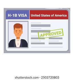 Illustration featuring a businessman holding an approved h 1b visa for working in the united states