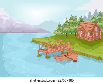 Illustration Featuring a Cabin by the Lake