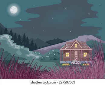 Illustration Featuring a Cabin in the Woods