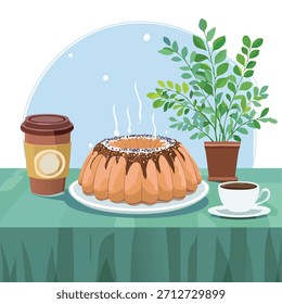Una ilustración con un pastel, una taza de café, una taza de café para llevar y una planta en una mesa cubierta con un paño verde. La iluminación es brillante y alegre, con un estilo de dibujos animados.