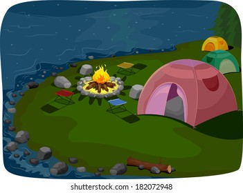 Illustration Featuring a Camp Site Situated Near a Lake