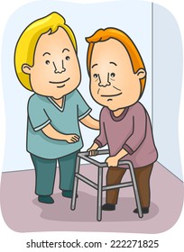 Illustration Featuring a Caregiving Assisting an Old Man