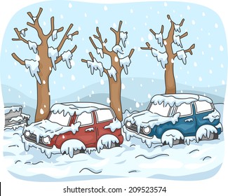 Illustration mit Autos in der Straße nach einem Schneesturm