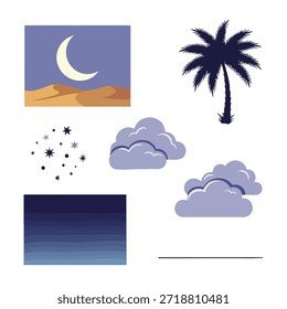 Illustration featuring cartoon clouds and a palm tree