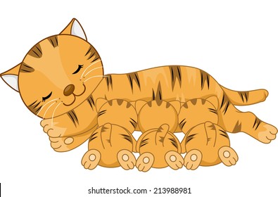 Illustration Featuring a Cat Breastfeeding Her Kittens