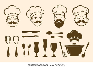 An illustration featuring chef's faces and  kitchenware utensils in a retro style.