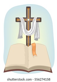 Illustration Featuring a Christian Cross with a Cloth Draped On it Standing in Front of an Open Bible