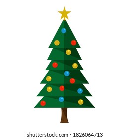 Illustration featuring Christmas tree decorated with bulbs and star, isolated on white background. Eps file is available