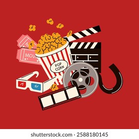 Illustration featuring a cinema marquee sign, theater masks, popcorn, and 3D glasses, symbolizing movie culture, drawn in a vibrant vector style.