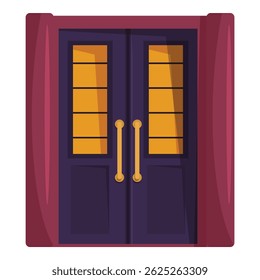 Ilustración con una puerta de entrada doble cerrada con paneles de vidrio y asas de oro, perfecta para proyectos relacionados con la arquitectura y el diseño del hogar