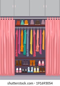 Illustration Featuring a Closet Full of Clothes and Accessories Partially Concealed by a Curtain