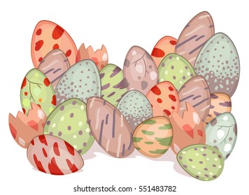 Illustration Featuring a Cluster of Colorful Dinosaur Eggs with Different Patterns Hatching One by One