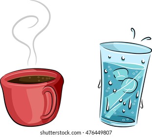 Illustration Featuring a Cold Glass of Water and a Cup of Hot Coffee