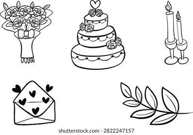 An illustration featuring a collection of hand-drawn line art elements: a wedding cake, candles, a bouquet of roses, a love letter, and leaves.