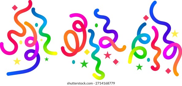 Uma ilustração com uma coleção de linhas onduladas e encaracoladas vibrantes e multicoloridas, que se assemelham a galhardetes ou fitas comemorativas, colocadas sobre um fundo branco limpo. Essas linhas dinâmicas mostram um