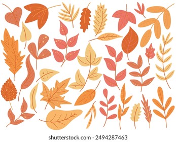 Illustration featuring colorful autumn leaves in orange and yellow tones, ideal for autumnal designs. Hand drawn fall leaf, twigs and branches clip art, vector graphics