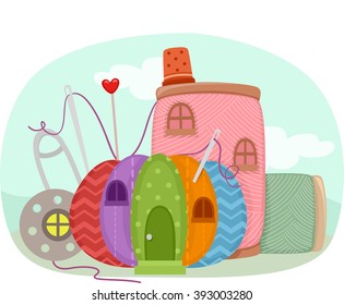 Illustration Featuring a Colorful House Shaped Sewing Kit