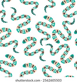 Illustration featuring colorful numbered snakes on a white background. Snake symbol of the year. Vector hand drawn bold illustration