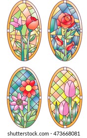 Illustration Featuring Colorful Stained Glasses Designed with Flowers