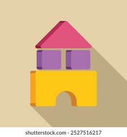 Illustration featuring a colorful toy house made of geometric shapes casting a long shadow over a light brown background