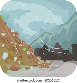 Illustration Featuring a Combination of Mud and Rocks Sliding Down the Ground Below