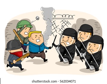 Illustration Featuring a Confrontation Between a Group of Rioters and the Riot Police