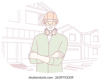 An illustration featuring a construction worker equipped with safety gear set against a backdrop of a modern house
