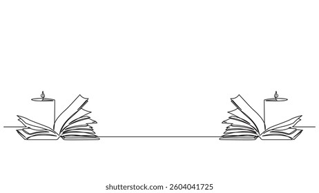 An illustration featuring a continuous line drawing of open books paired with candles, representing the concepts of knowledge, learning, and quiet reflection.