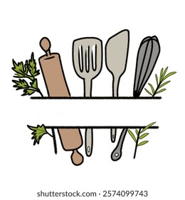 Illustration featuring cooking utensils such as a whisk, spatula, rolling pin, accented with fresh herbs, ideal for culinary, kitchen, or food-related purposes, conveying warmth and a touch of nature.