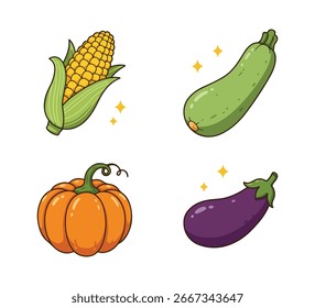 Illustration mit einem Maiskolben, Zucchini, Kürbis und Aubergine, jeweils mit kleinen Sternen funkelt.