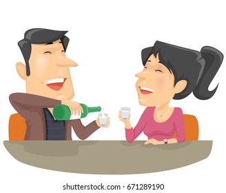 Illustration Featuring a Couple Giggling as They Share a Bottle of Soju