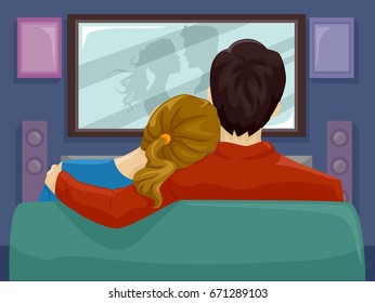 Illustration Featuring a Couple Spending a Romantic Night Watching Movies Together