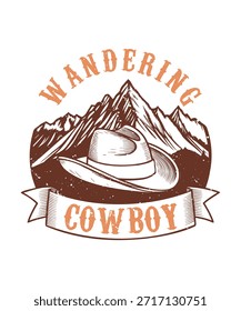 Eine Illustration mit einem Cowboyhut vor einer Bergkette. Der Text WANDERING COWBOY