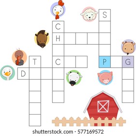 Illustration Featuring a Crossword Puzzle About Animals Commonly Seen in Farms