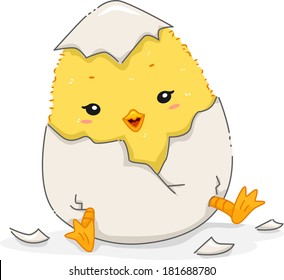 Illustration Featuring a Cute Chick in the Middle of Hatching