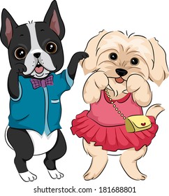 Illustration Featuring Cute Dogs Wearing Fashionable Clothes and Accessories