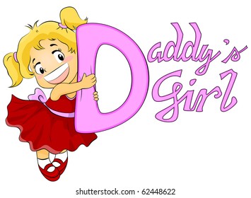 Illustration Featuring a Cute Girl Hugging a Line of Text That Spells Out "Daddy's Girl"