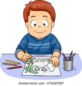 Illustration Featuring a Cute Little Boy Coloring a Dinosaur Using a Colored Pencil