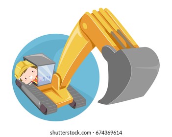 Illustration Featuring a Cute Little Boy in a Hard Hat Operating an Excavator