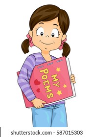 Illustration Featuring a Cute Little Girl in Pigtails Carrying a Book Filled with Poems