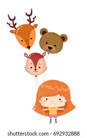 Illustration Featuring a Cute Little Girl Holding on to Colorful Balloons Shaped Like Popular Woodland Animals