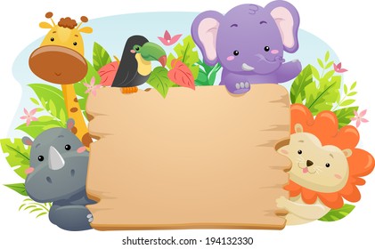 Illustration Featuring Cute Safari Animals Holding a Blank Wooden Sign
