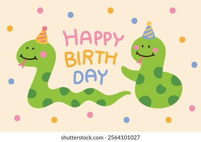 An illustration featuring a cute snake character and the 'Happy Birthday' typography. 2025 is called 'Year of the Snake' in Asia and Korea.