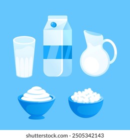 Illustration featuring dairy products in various containers, promoting a healthy and balanced diet