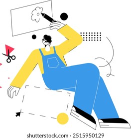 Illustration featuring a decorative artist in overalls, drawing a flower with pencil, surrounded by creative tools including scissors and geometric shapes in a playful, abstract environment.