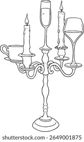 ilustração com um candelabro decorativo segurando velas acesas, uma xícara de chá, uma flauta de champanhe e uma taça de vinho. Esta imagem versátil evoca temas de elegância, celebração, jantar.