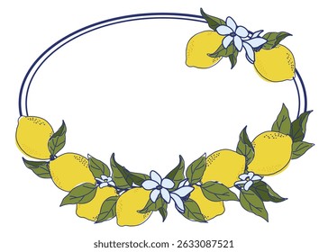 Illustration featuring a decorative oval frame of vibrant lemons and delicate white flowers, perfect for adding a fresh and natural touch to various designs.