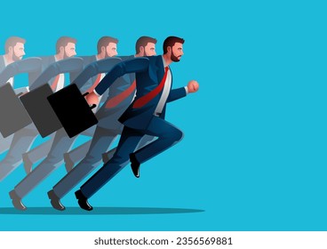 Illustration featuring a determined businessman in a suit, running with briefcase in hand. Representation of speed, urgency, essence of drive, ambition, professional agility, and the thriving business