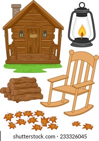 Illustration Featuring Different Elements Typically Associated with Log Cabins